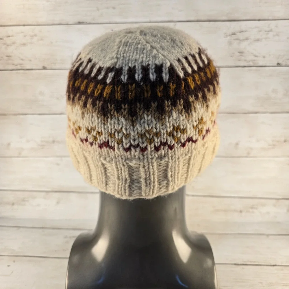 Moshiki Wool Beanie Fair Isle Knit Fleece Lined Winter Hat Cream Brown Nepal